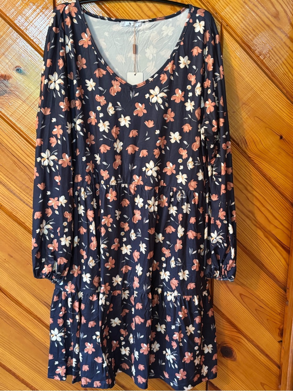 Floral V-Neck Tiered Long-Sleeve Dress - Navy with Pink & Cream Flowers